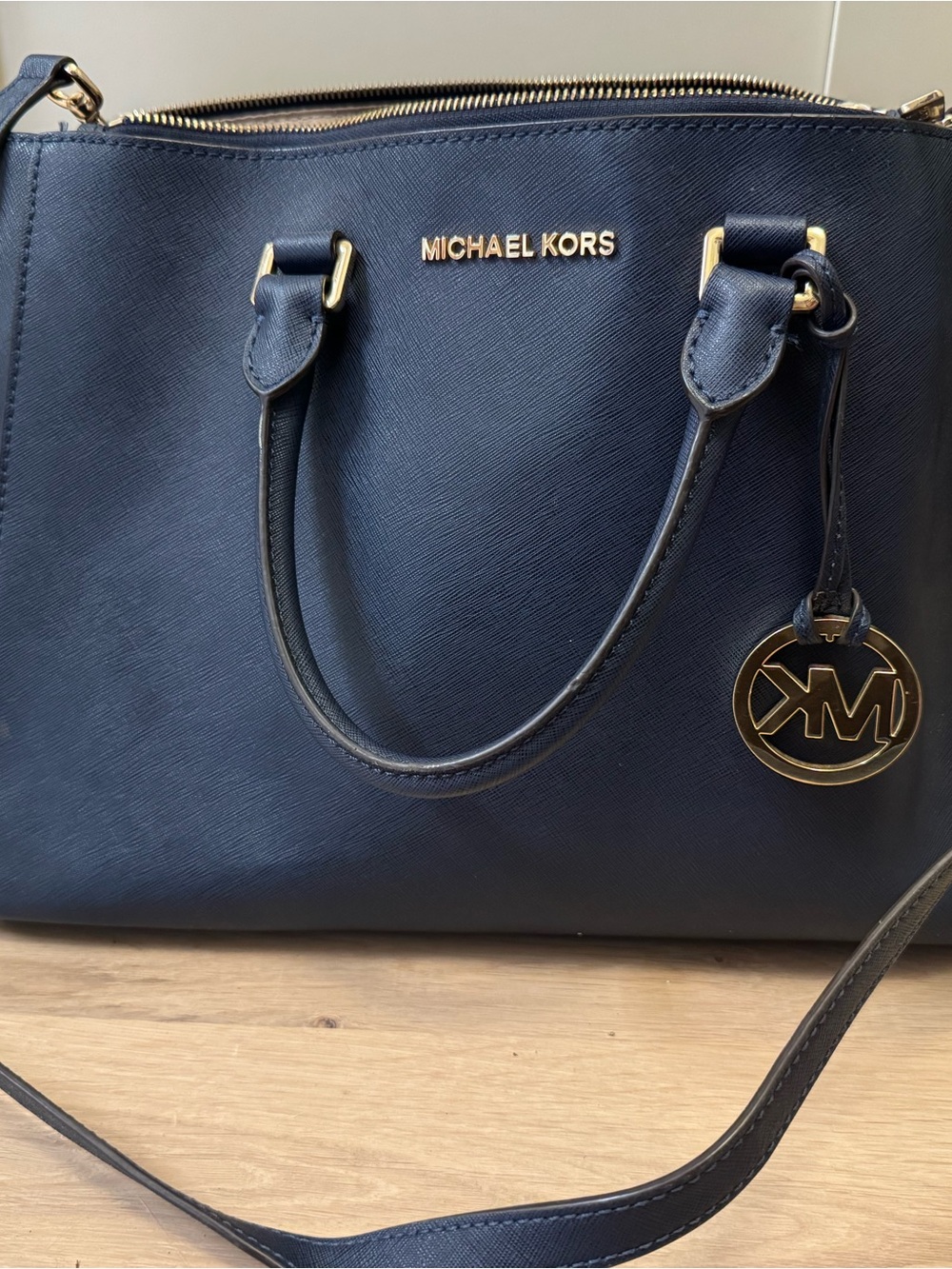 Michael Kors Navy Saffiano Satchel with Gold Accent